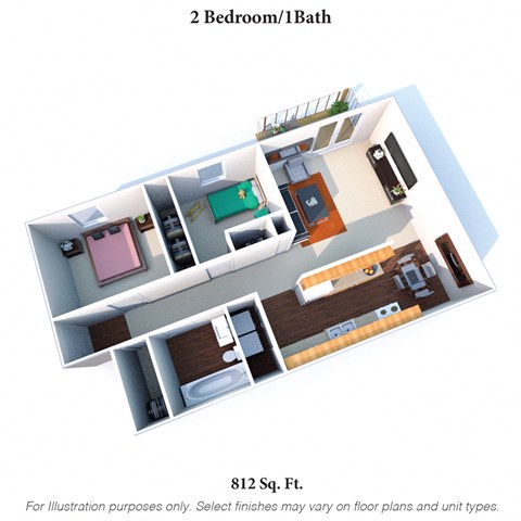 Floor plan for 2 beds, 1 bath, 812 sqft